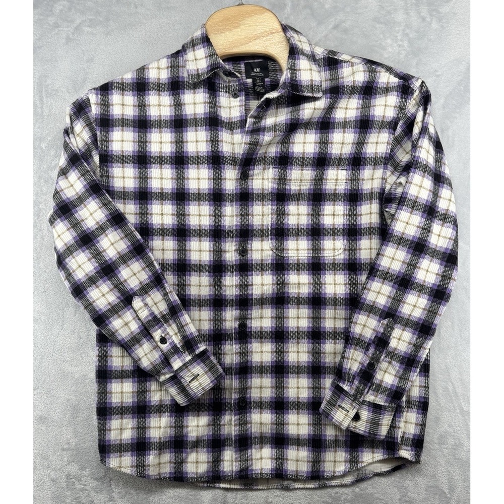 H&M Corduroy Button Up Oversized Fit Long Sleeve‎ Plaid Shirt Men's S NWT READ